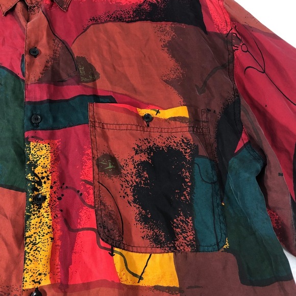 Goouch Shirt Men's Large Red Multi Button Up Long Sleeve Silk Abstract Funky Y2K - Picture 3 of 12